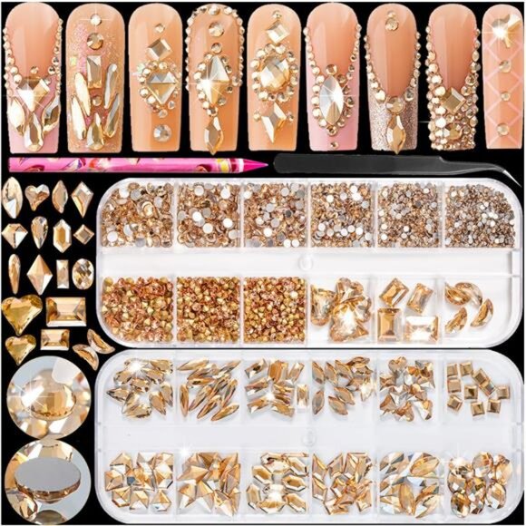 2420pcs Gold Rhinestones for Nails, Round Flatback Champagne Rhinestones Gold - Picture 1 of 6